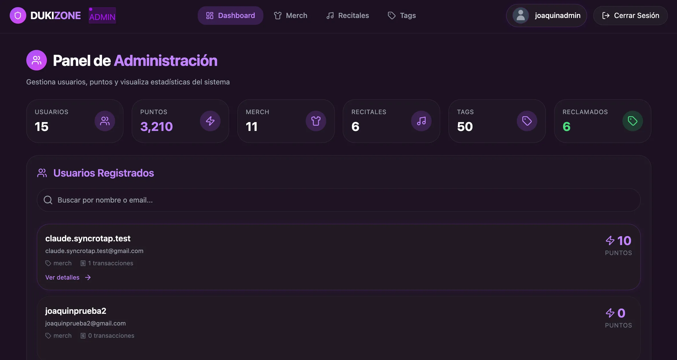 Dashboard de administración