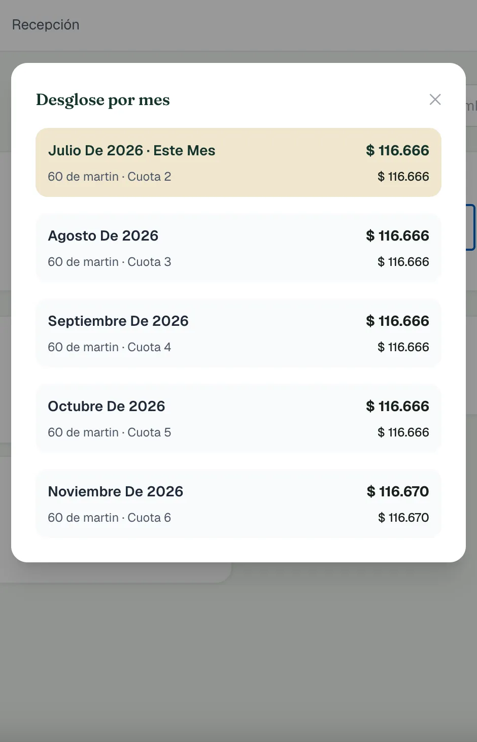 Desglose de cuotas por mes