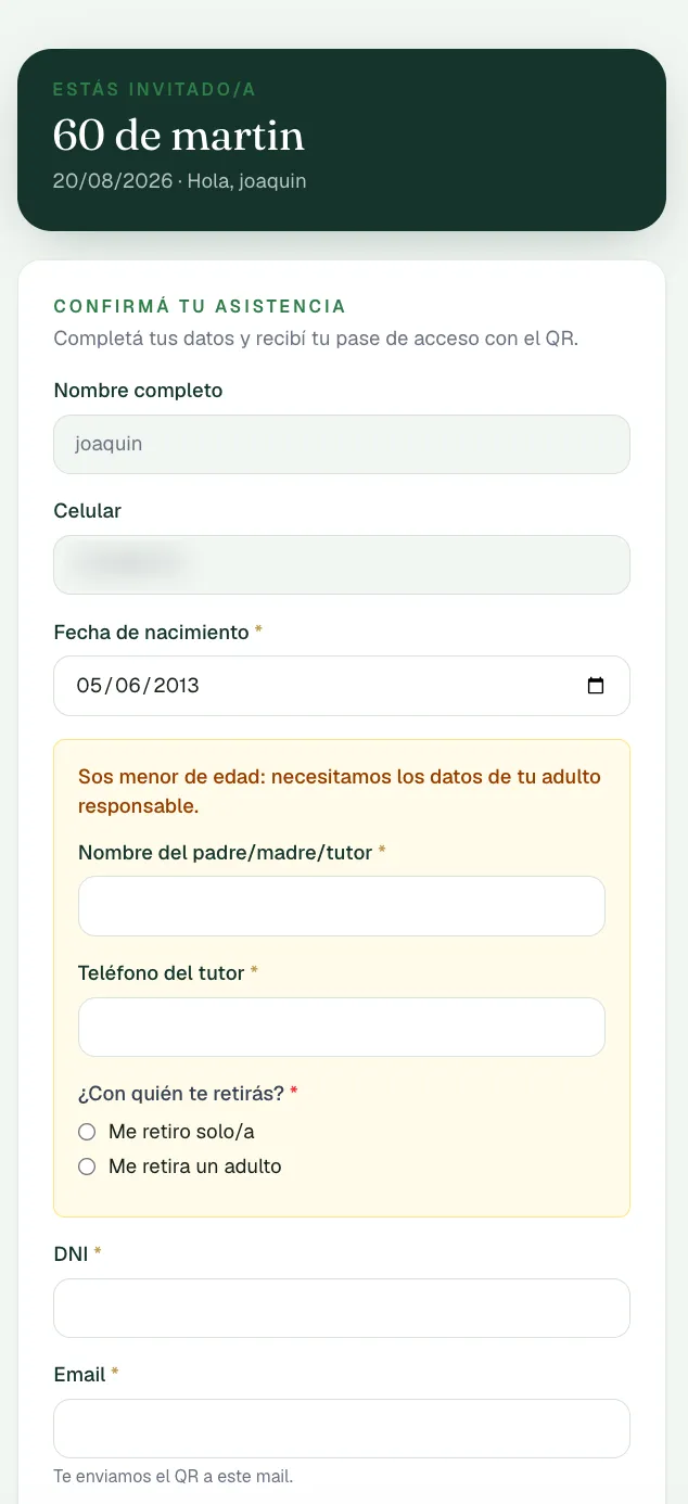 Formulario de invitado menor con datos del tutor