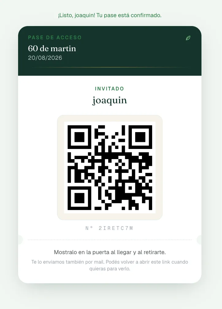 Pase de acceso con QR del invitado