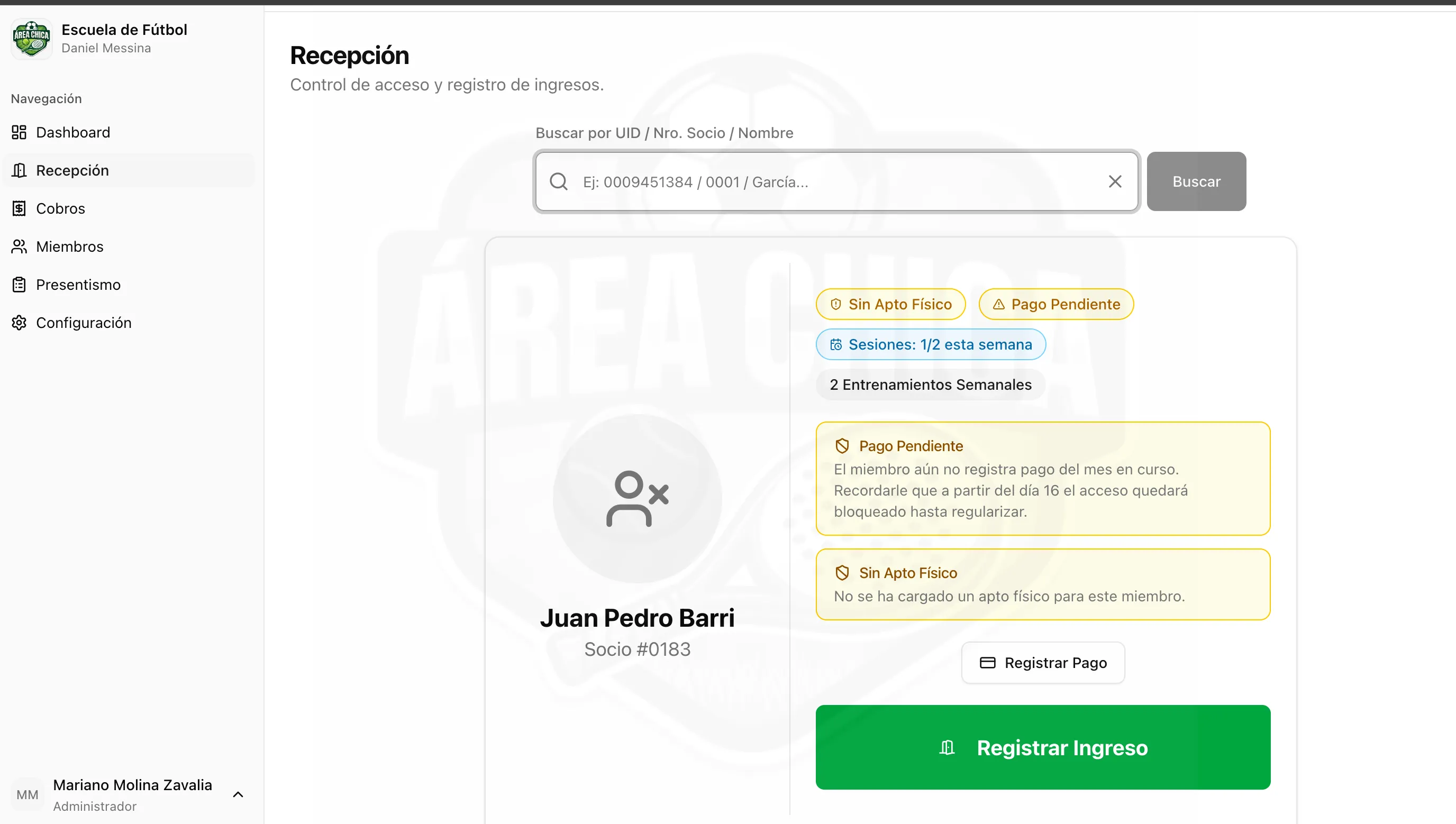 Panel de recepción