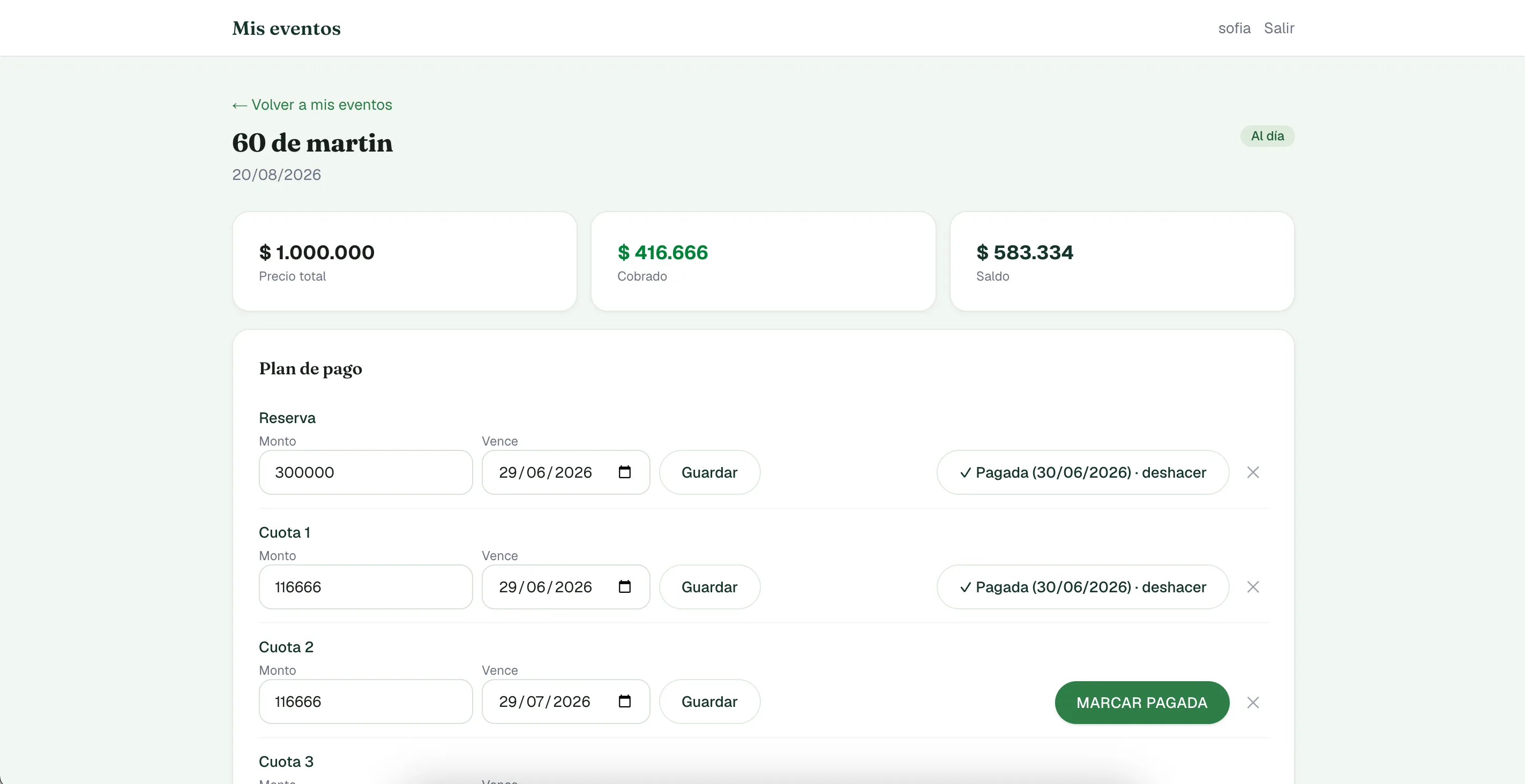Plan de pago de un evento